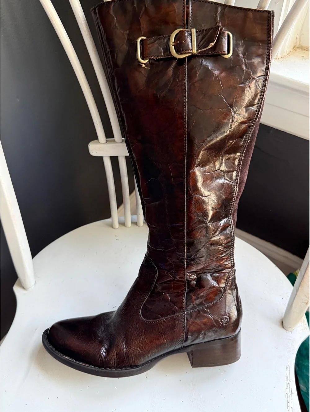 Born Brown Leather Knee-High Riding Boots with Buckle Detail